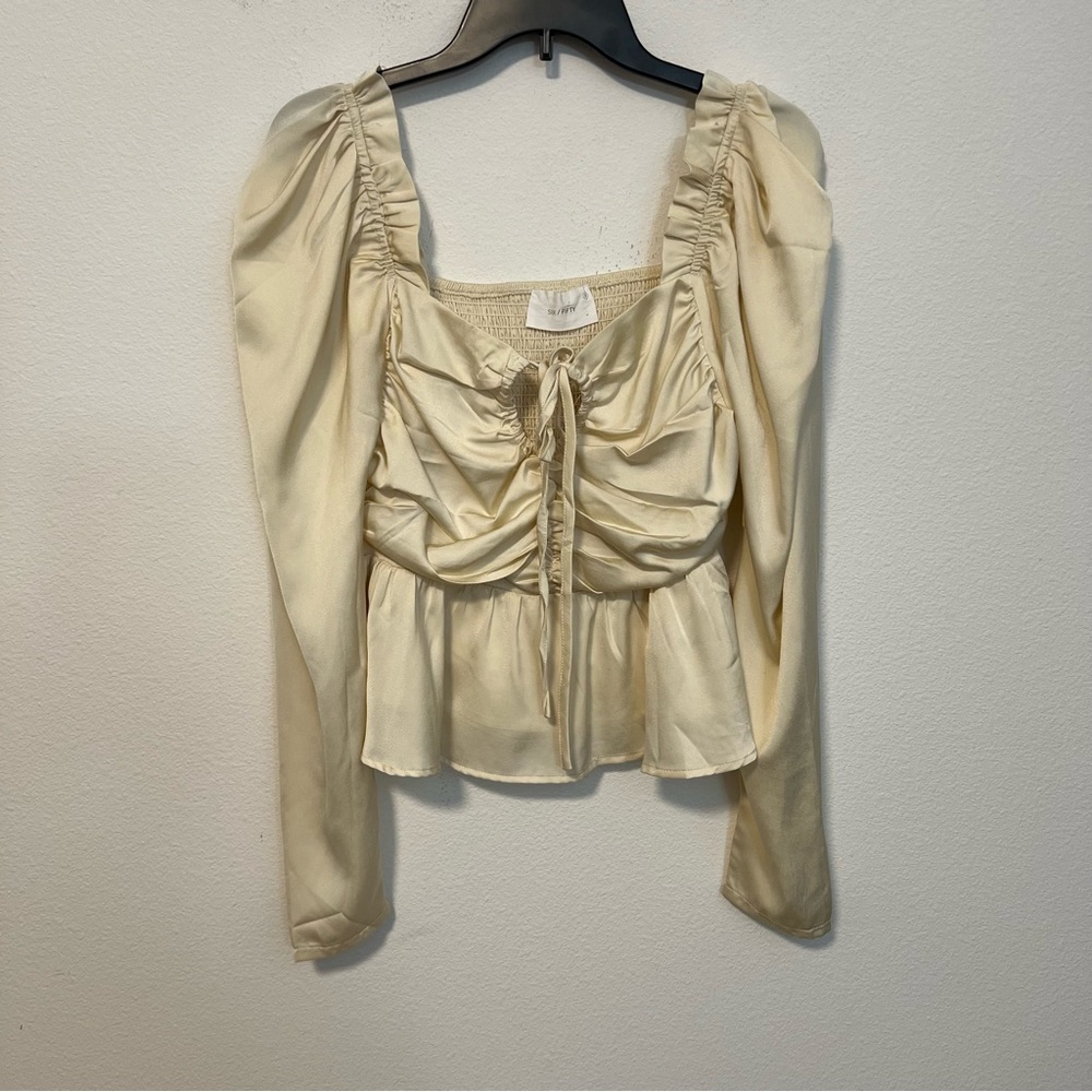 Six/Fifty The Ruby Blouse Ivory Puff Sleeve Ruched Peplum Top Women’s Med